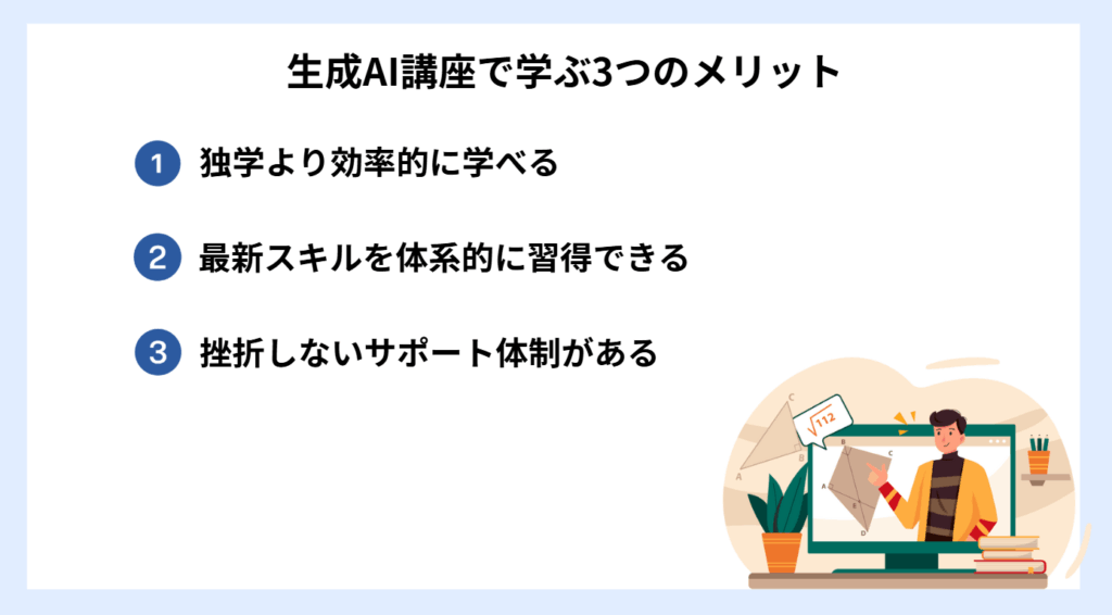 生成AI講座で学ぶ3つのメリットの一覧