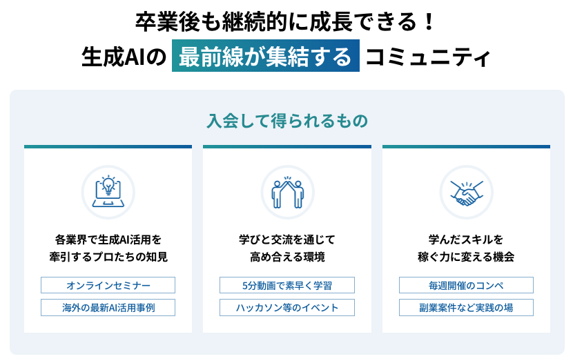 生成AIコミュニティで、継続的なスキルアップとキャリアアップが可能です
